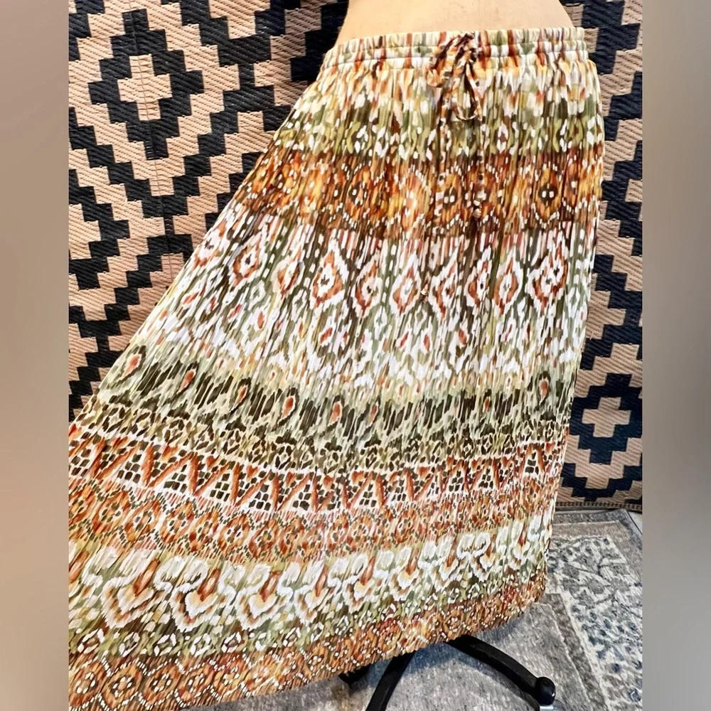 VINTAGE earthy tribal print long‎ maxi skirt elastic drawstring waist 90s y2k